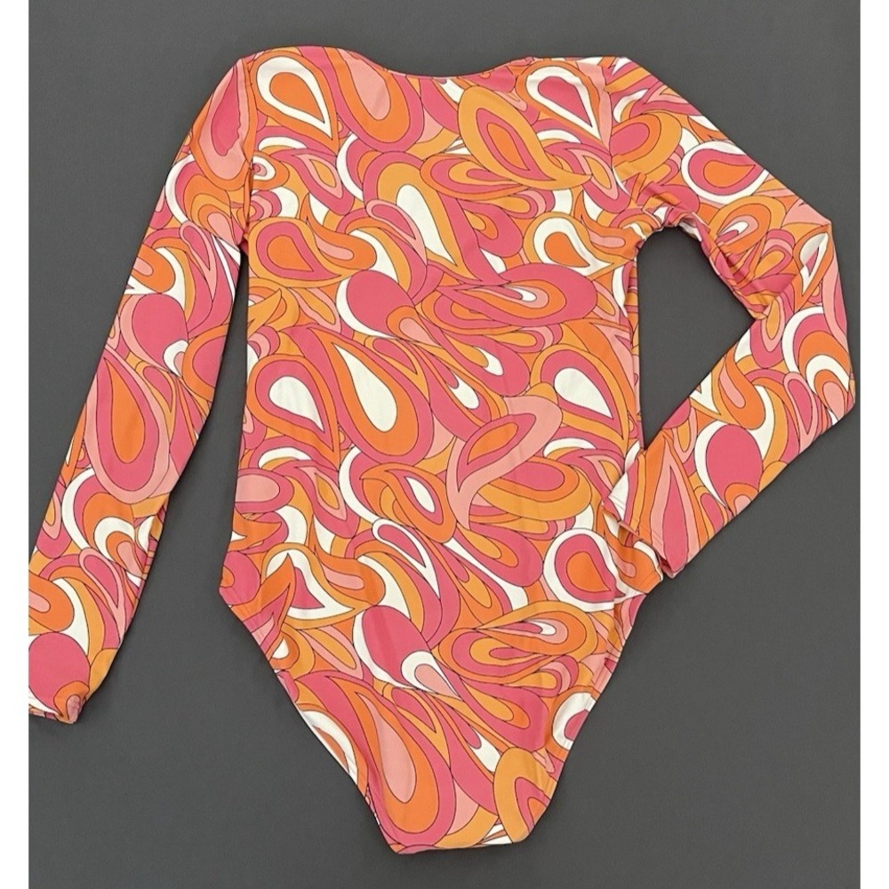 Michael Kors Front Zip Long Sleeve One Piece Swimsuit Women 12 Retro Pink Orange - Picture 6 of 9